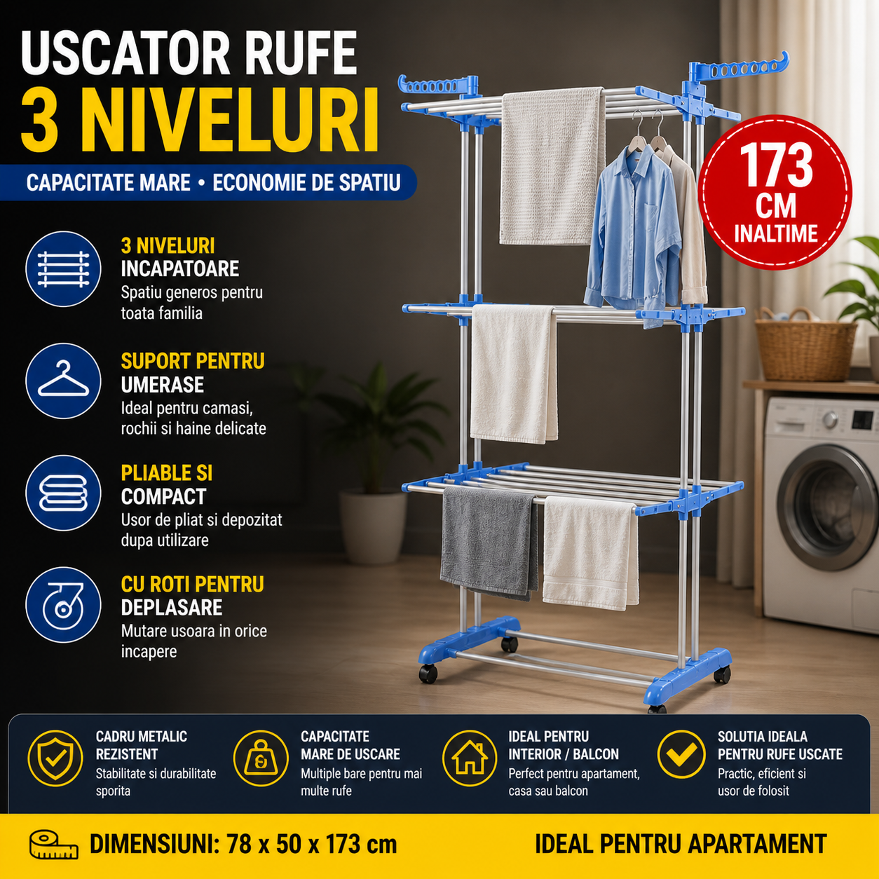Uscator de Rufe Pliabil cu 3 Niveluri, 173 cm Inaltime, Cadru Metalic, Roti pentru Deplasare, Suport Umerase, Economisire Spatiu