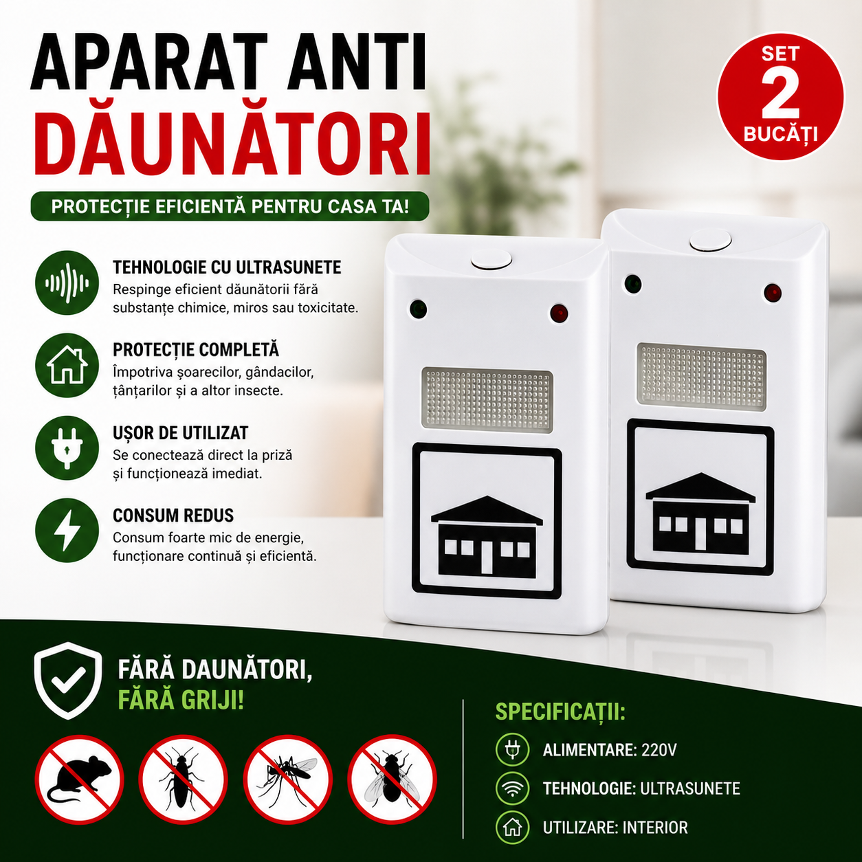 Set 2 x Aparat Anti Daunatori cu Ultrasunete Pest Repeller , Anti Soareci, Gandaci si Tantari