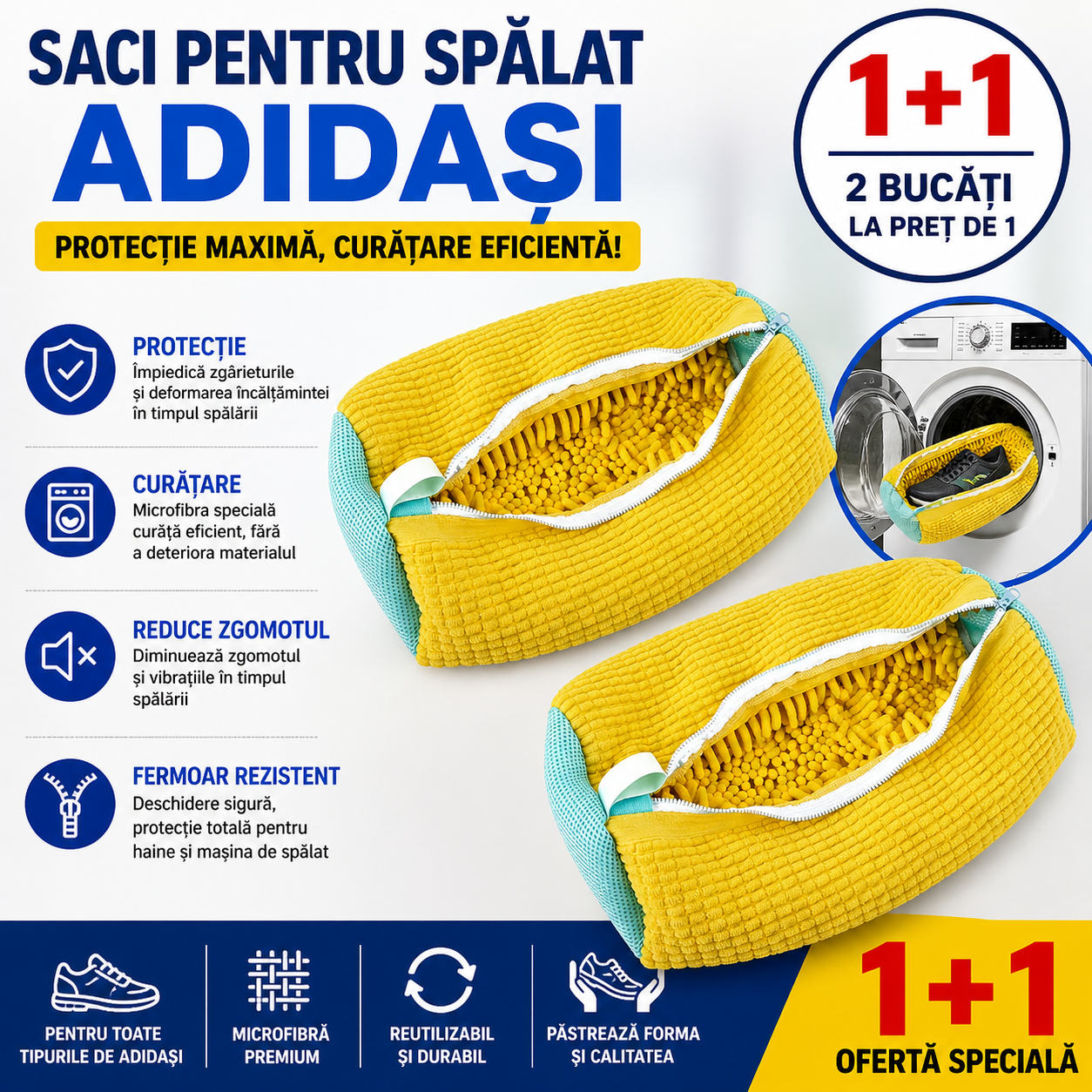 Set 2 x Saci pentru Spalat Adidasi, Protectie Incaltaminte, Microfibra Premium, Antizgarieturi, Ideal pentru Masina de Spalat