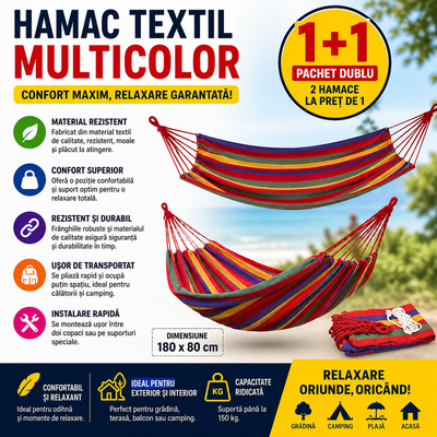 Set 2 x Hamac Textil Multicolor 180x80 cm, Rezistent si Confortabil, Ideal pentru Gradina, Camping si Relaxare in Aer Liber