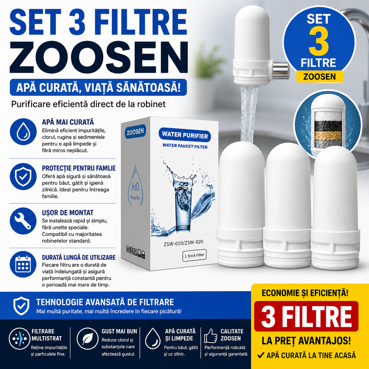 Set 3 x Filtre Apa Robinet Zoosen, Cartus Purificator Apa, Eliminare Impuritati, Apa Curata si Sigura pentru Consumul Zilnic