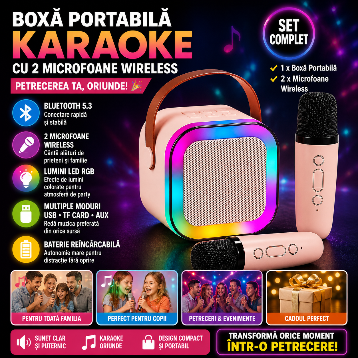 Boxa Portabila Bluetooth cu 2 Microfoane Wireless, Karaoke Set Complet, Lumini LED RGB, Ideal pentru Petreceri si Copii