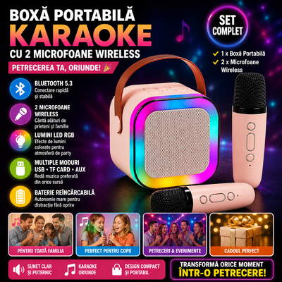 Boxa Portabila Bluetooth cu 2 Microfoane Wireless, Karaoke Set Complet, Lumini LED RGB, Ideal pentru Petreceri si Copii