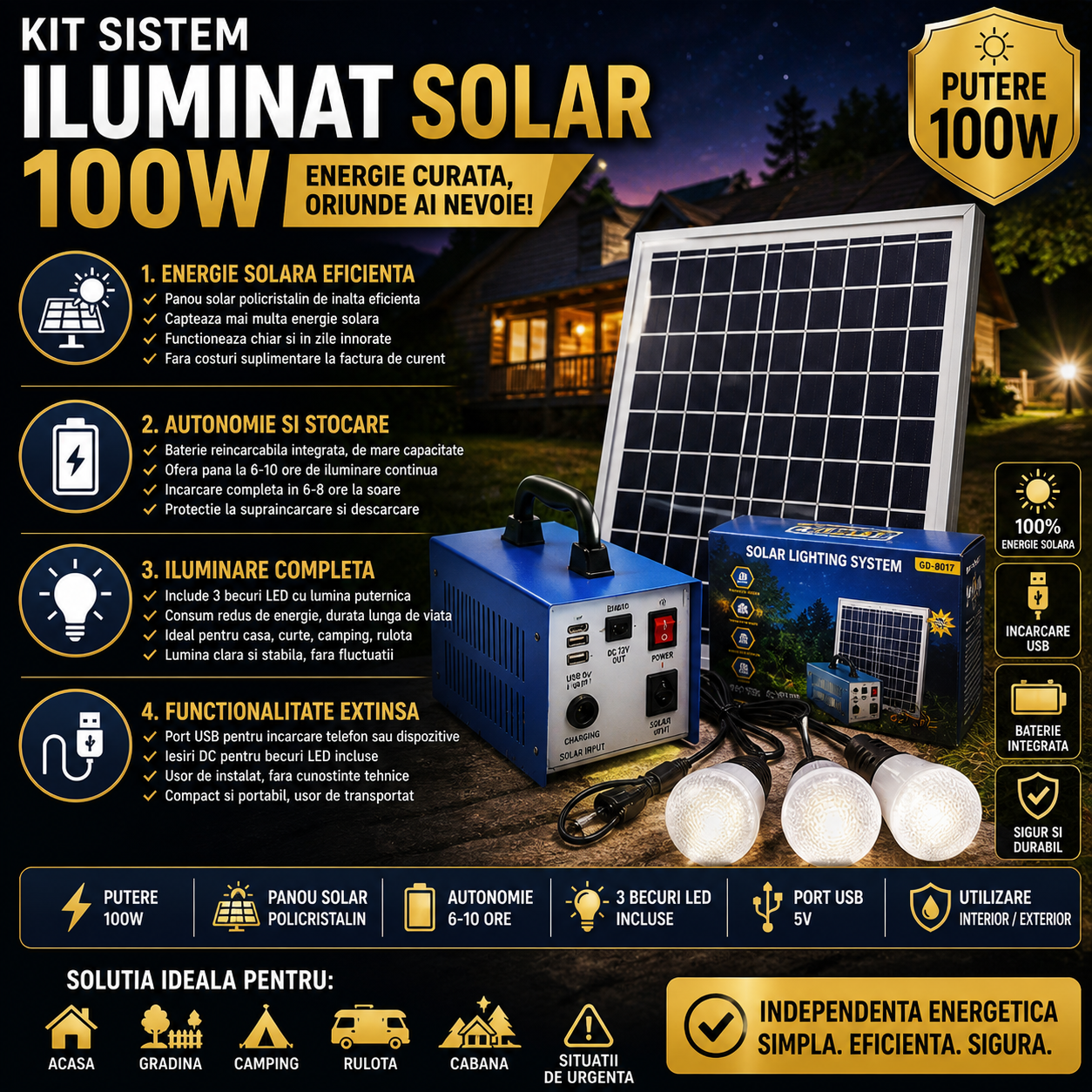 Kit Sistem Iluminat Solar 100W Profesional, Panou Solar cu Baterie Integrata si 3 Becuri LED, Incarcare USB, Solutie Completa pentru Casa