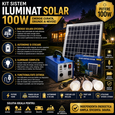 Kit Sistem Iluminat Solar 100W Profesional, Panou Solar cu Baterie Integrata si 3 Becuri LED, Incarcare USB, Solutie Completa pentru Casa