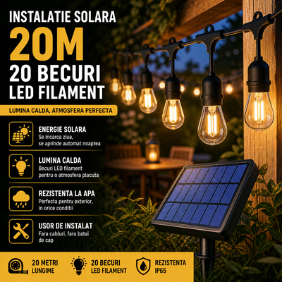 Decoratiune Solara LED Exterior 20M cu 20 Becuri Filament Vintage – Lumina Calda, Rezistenta IP65, Decor Gradina, Terasa, Balcon