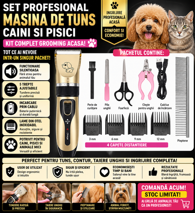 Set Profesional Masina de Tuns Caini si Pisici, 5 Trepte Ajustabile, Functionare Silentioasa, Incarcare USB, Kit Complet