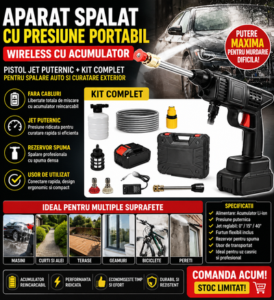 Aparat Profesional Spalat cu Presiune, 2 Acumulatori 48V Portabil, Reincarcabil, Jet Puternic, Kit Complet pentru Curatare Auto si Gradina