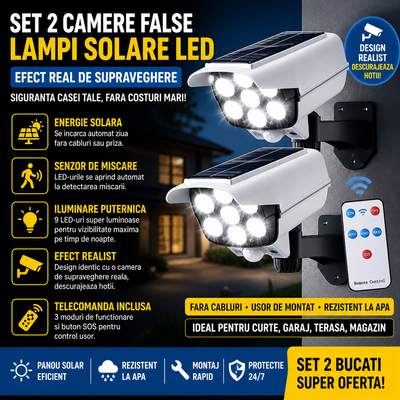 Set 2 x Camera Falsa cu Lampa Solara 77 LED, Senzor Miscare, Telecomanda, Efect Real de Supraveghere, Protectie Exterior