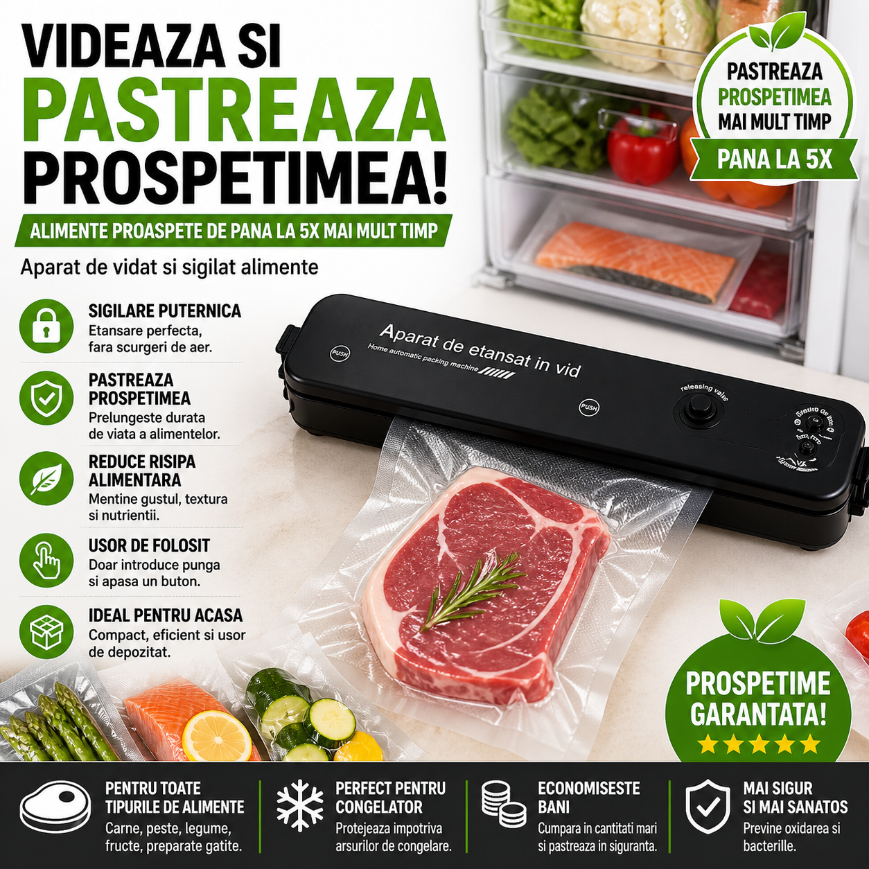 Aparat de Vidat si Sigilat Alimente, Vacuum Sealer Profesional, Pastrare Prospetime Indelungata, Compact si Usor de Folosit