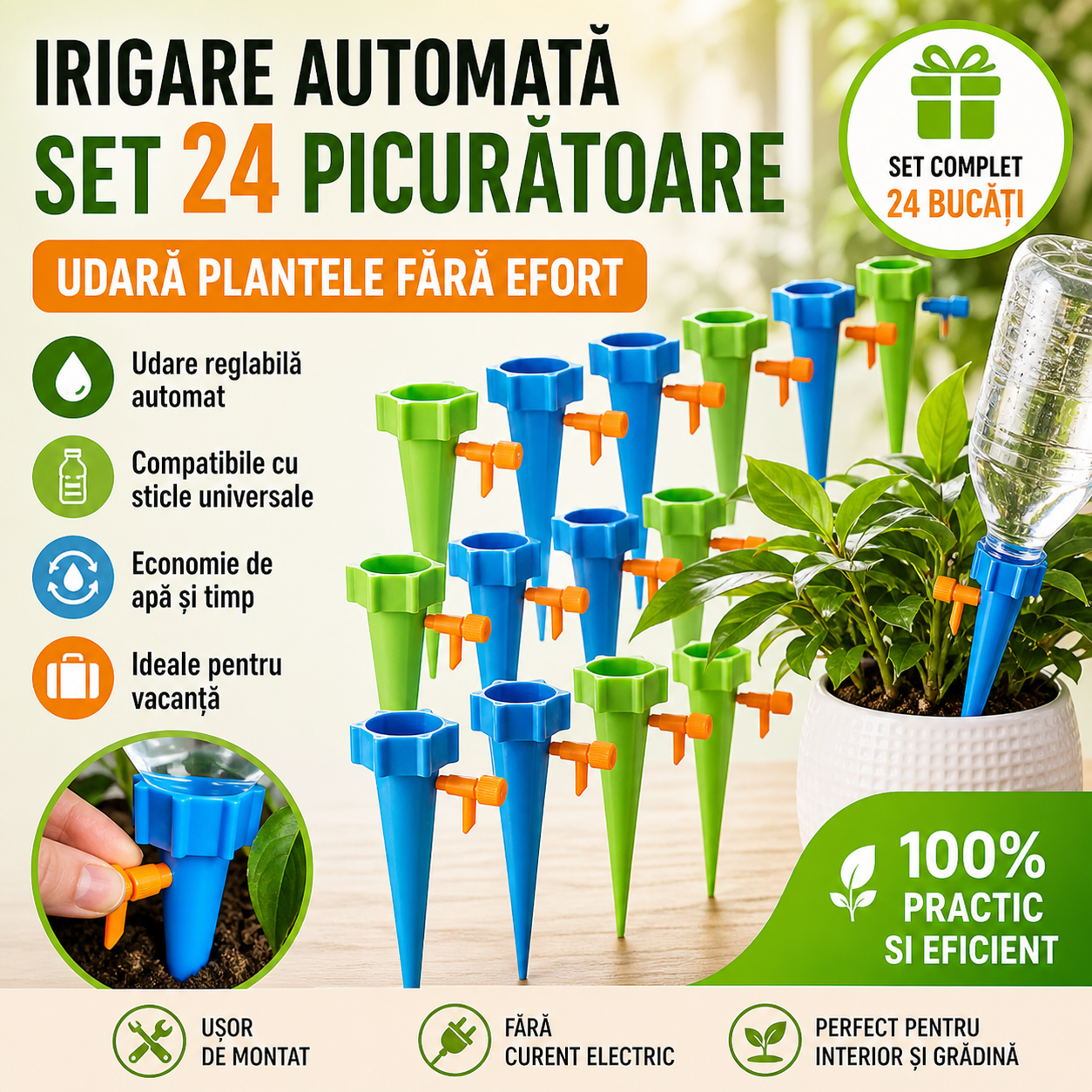 Set 24 Picuratoare Automate pentru Ghivece – Sistem Irigare cu Sticla, Udare Reglabila