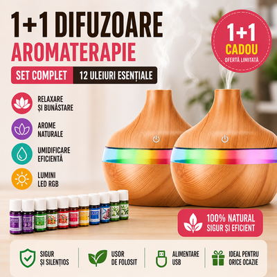 Set 1+1 Difuzor Aromaterapie cu 12 Uleiuri Esentiale, Umidificator LED RGB, Silentios