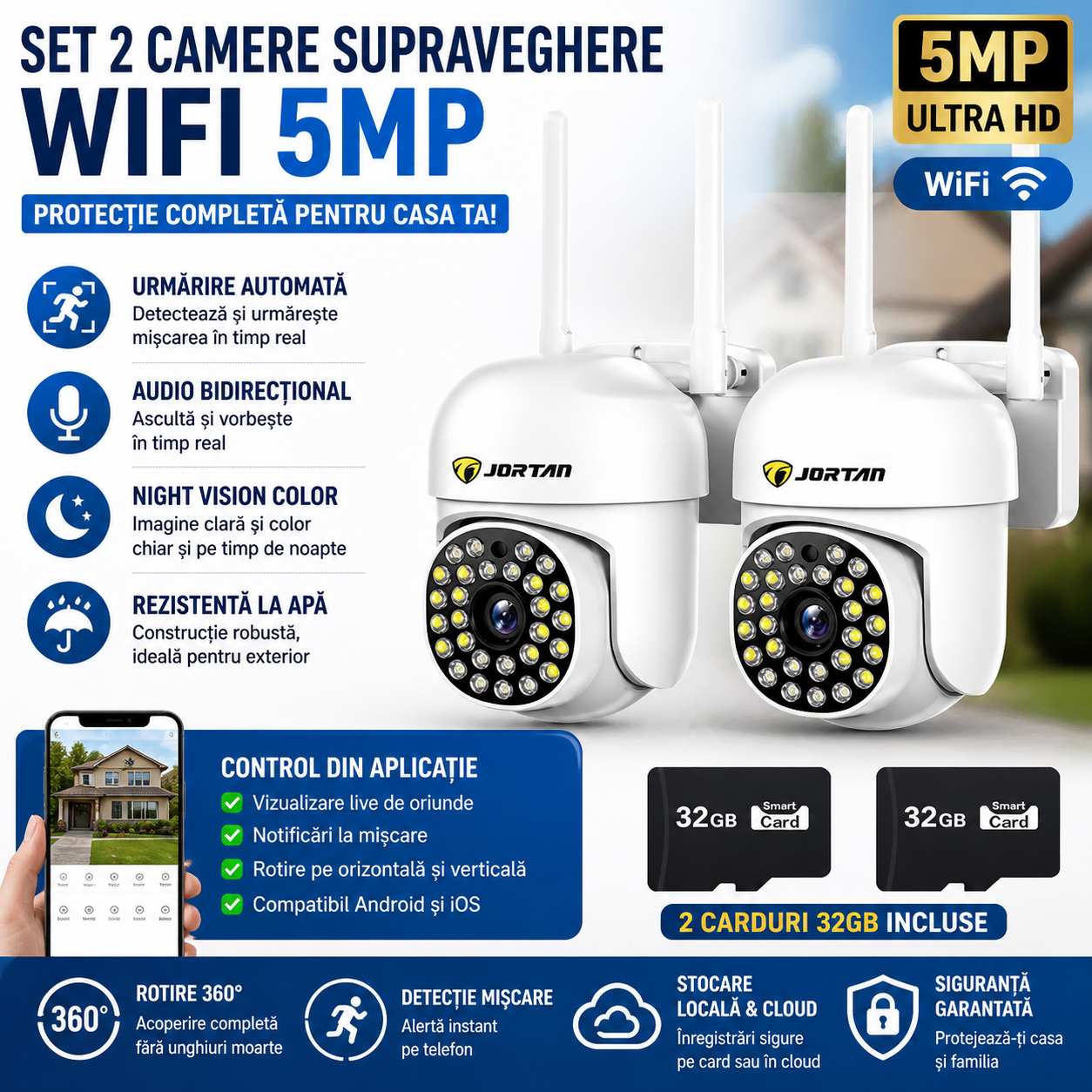 Set 2 x Camera Supraveghera WiFi 5MP Jortan 32 Leduri– Night Vision Color, Urmarire Automata, Audio Bidirectional + 2 Carduri 32GB Incluse