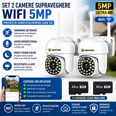 Set 2 x Camera Supraveghera WiFi 5MP Jortan 32 Leduri– Night Vision Color, Urmarire Automata, Audio Bidirectional + 2 Carduri 32GB Incluse
