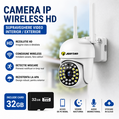 Camera Supraveghera WiFi 5MP Jortan 32 Leduri– Night Vision Color, Urmarire Automata, Audio Bidirectional + Card 32GB