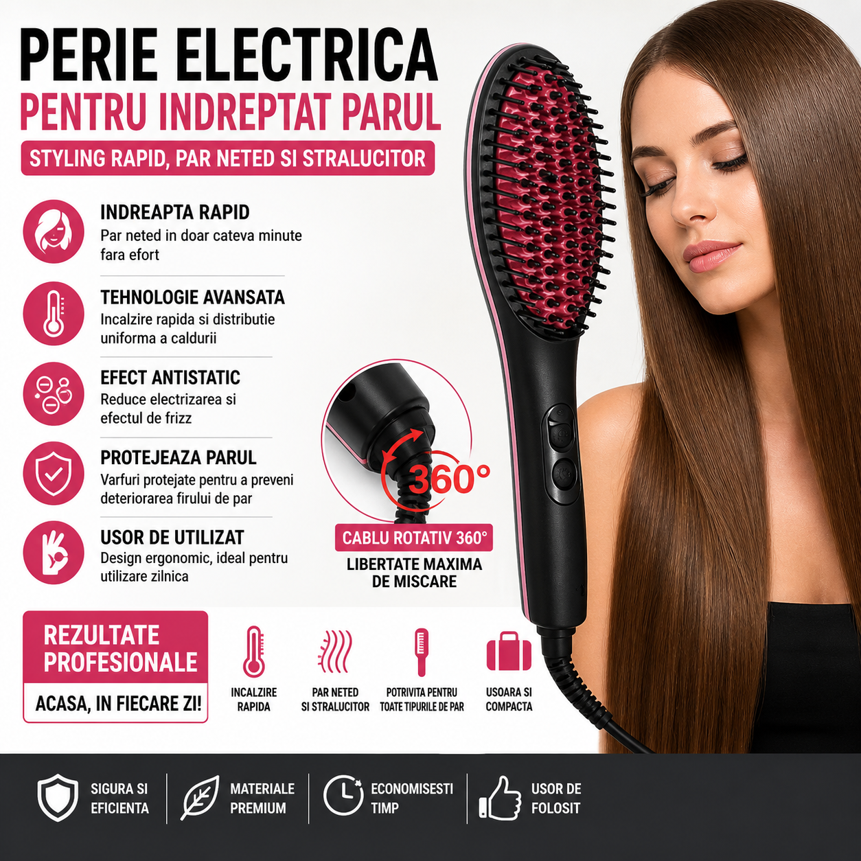 Perie Electrica pentru Indreptat Parul Simply Straight Artifact – Perie Incalzita pentru Styling Rapid, Antistatica, Pentru Par Drept si Stralucitor