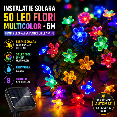Set 2 x Decoratiune Luminoasa Solara 50 LED Flori Multicolor 5M, Rezistenta la Apa, Lumina Ambientala RGB, 8 Moduri Iluminare,