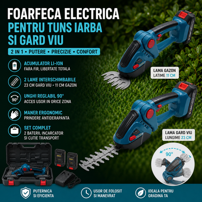 Foarfeca Electrica pentru Tuns Iarba si Gard Viu cu 2 Baterii 48V, Acumulator Li-Ion, 2 Lame, Unghi Reglabil 90°, Set Complet cu 2 Baterii si Incarcator