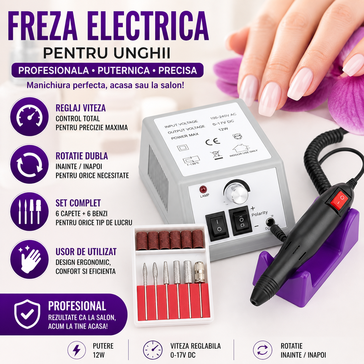 Freza electrica unghii profesionala Sina Mercedes 2000, Reglaj Viteza, Sens Rotatie, Set Capete Slefuire, Kit Complet pentru Manichiura si Pedichiura
