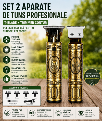 Set 2 x Aparat de Tuns Profesional USB, T-Blade Zero Gap, Design Vintage, Trimmer Barba si Par, Kit Complet pentru Barba si Par