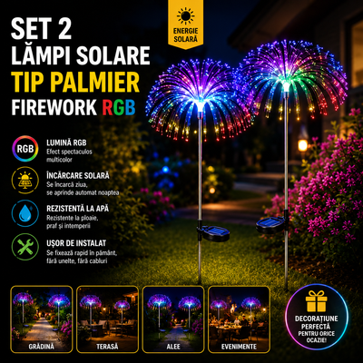 Set 2 x Lampa Solara LED tip Palmier Multicolor – Iluminat Gradina, Decor Exterior Spectaculos, Rezistente la Apa, Efect Artificii pentru Curte, Terasa, Gazon