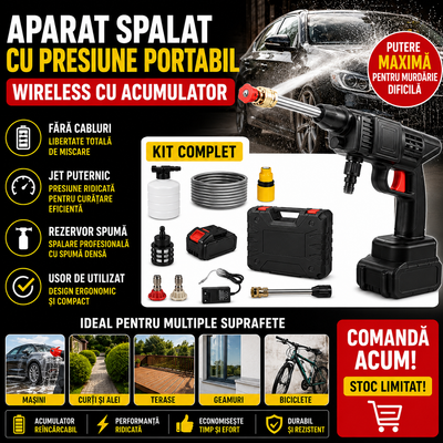 Aparat Profesional Spalat cu Presiune, 2 Acumulatori 48V Portabil, Reincarcabil, Jet Puternic, Kit Complet pentru Curatare Auto si Gradina