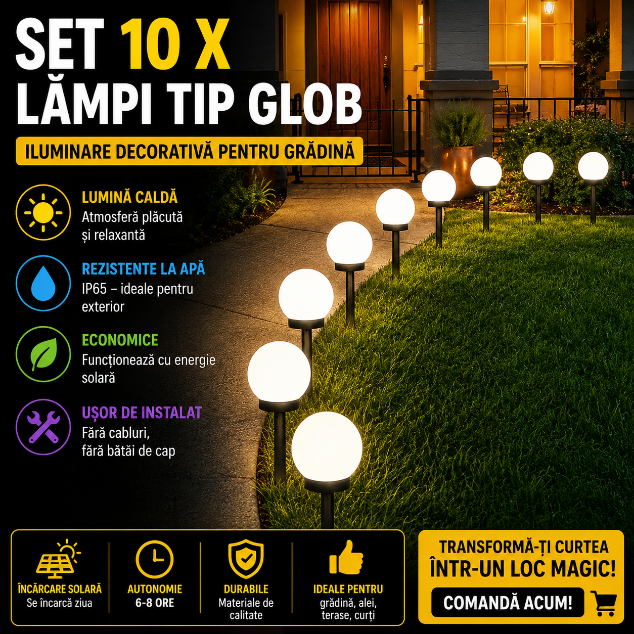 Set 10 x Lampa Solara LED Gradina tip Glob – Iluminat Exterior Premium fara Cabluri, Rezistenta la Apa, Lumina Ambientala Automata