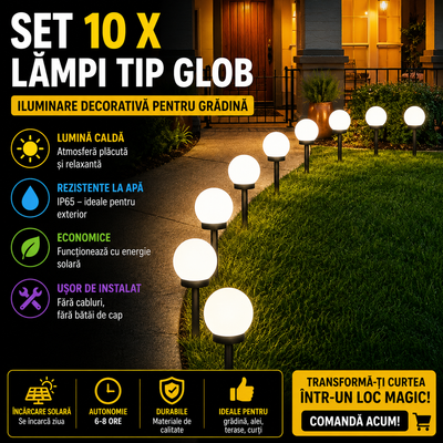 Set 10 x Lampa Solara LED Gradina tip Glob – Iluminat Exterior Premium fara Cabluri, Rezistenta la Apa, Lumina Ambientala Automata