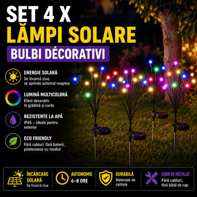 Set 4 x Lampa Solara Decorativa tip Bulbi LED RGB Multicolor – Iluminat Gradina Exterior, Rezistenta la Apa, Efect Licurici pentru Curte