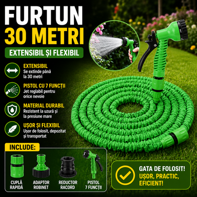 Furtun Extensibil 30m cu Pistol Multifunctional 7 Moduri de Stropire – Furtun Gradina Flexibil, Compact, Rezistent