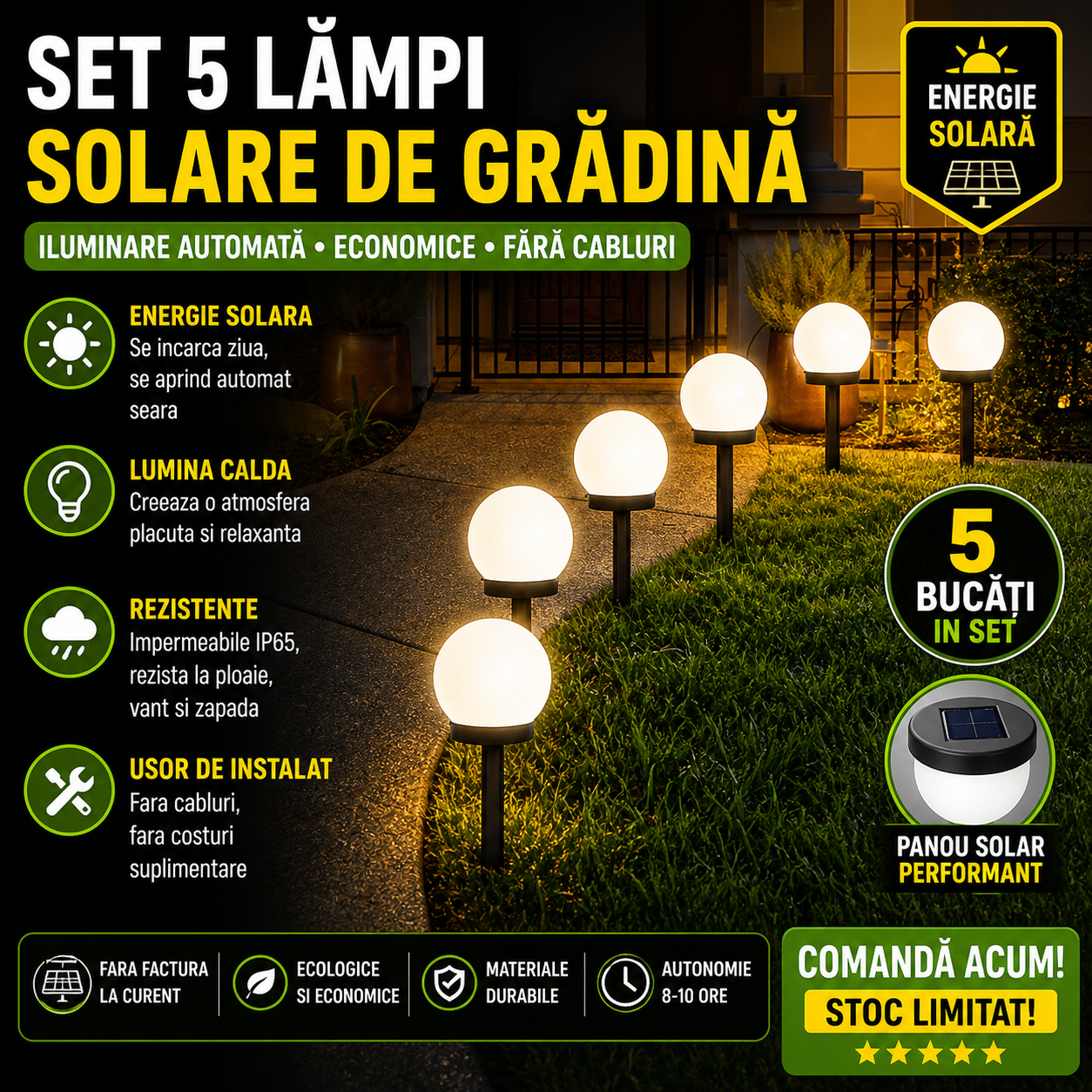 Set 5 x Lampa Solara LED Gradina tip Glob – Iluminat Exterior Premium fara Cabluri, Rezistenta la Apa, Lumina Ambientala Automata