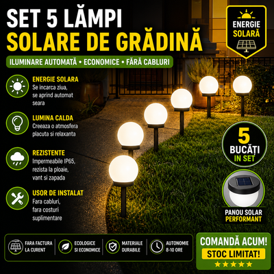 Set 5 x Lampa Solara LED Gradina tip Glob – Iluminat Exterior Premium fara Cabluri, Rezistenta la Apa, Lumina Ambientala Automata