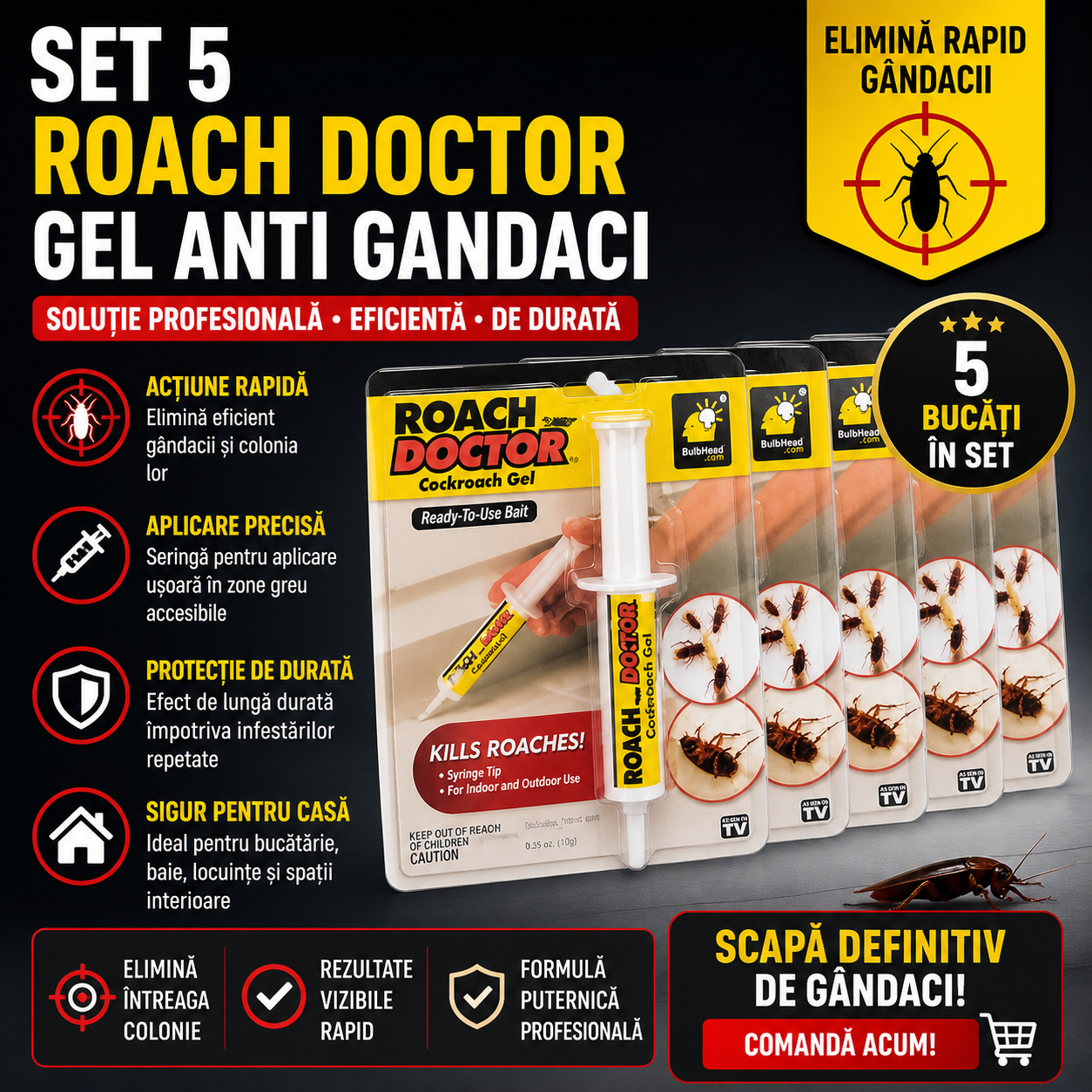 Set 5 x Gel Profesional Roach Doctor Anti Gandaci, Formula Concentrata cu Aplicare Precisa, Solutie Eficienta pentru Bucatarie, Baie si Locuinta