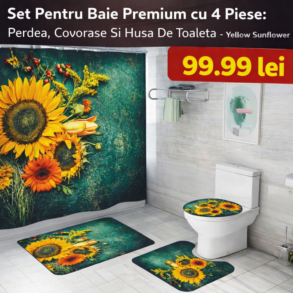 Set Pentru Baie: Perdea, Covorase Si Husa De Toaleta - Yellow Sunflower