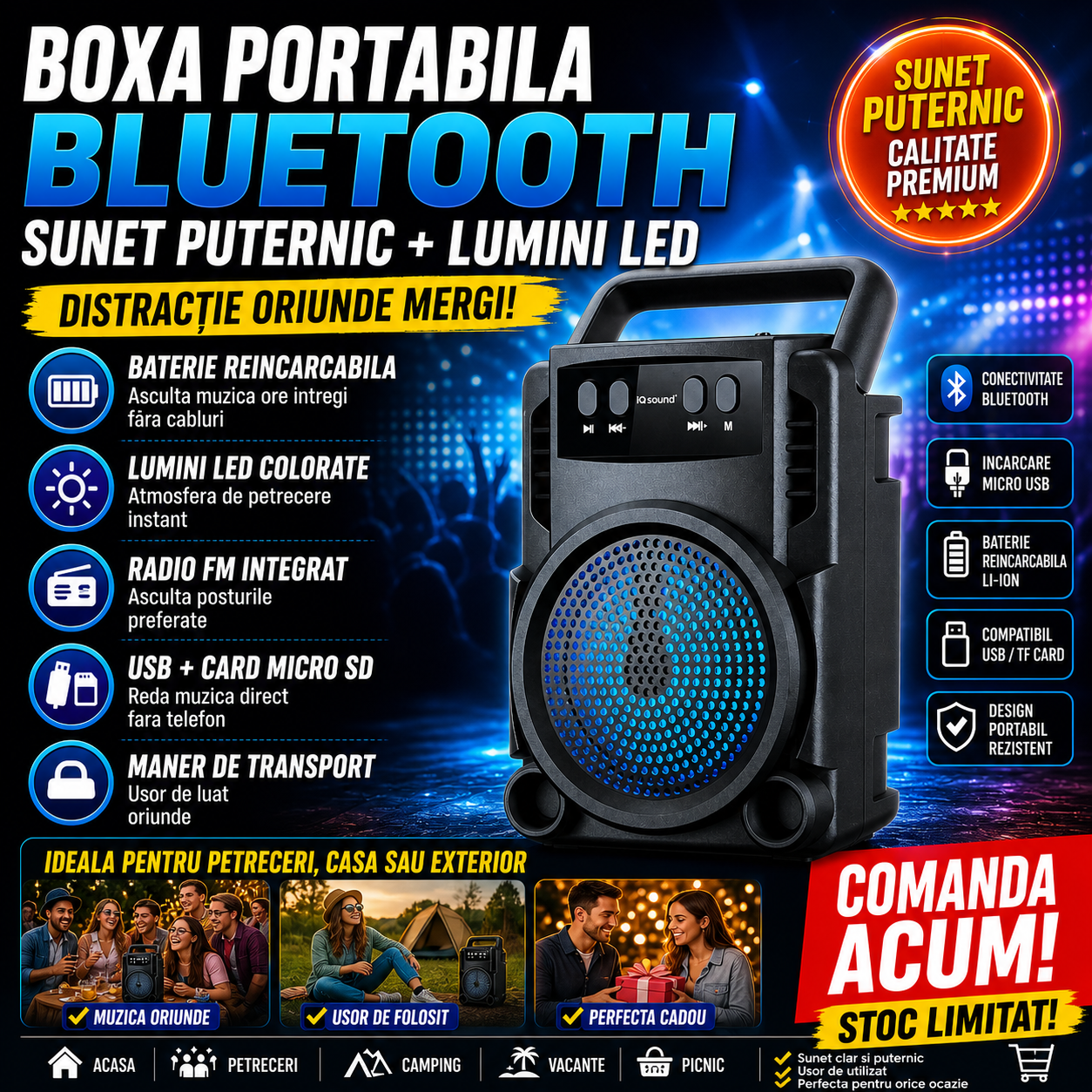 Boxa Portabila Bluetooth GTS 1360 cu LED RGB, radio FM, USB si card Micro SD – Sunet Puternic, Bass, Boxa cu Maner