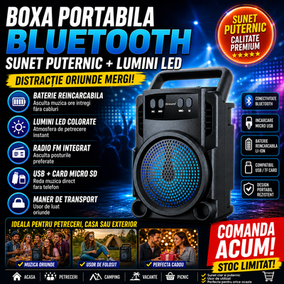 Boxa Portabila Bluetooth GTS 1360 cu LED RGB, radio FM, USB si card Micro SD – Sunet Puternic, Bass, Boxa cu Maner