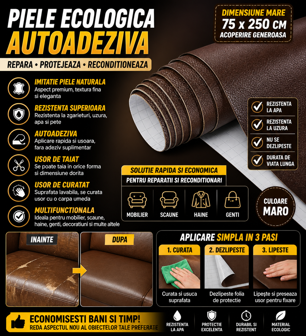 Piele Ecologica Autoadeziva Maro 75x250 cm, Imitatie Piele Naturala, Rezistenta la Apa si Uzura, Usor de Aplicat, pentru Canapea, Scaune, Haine si Reparatii