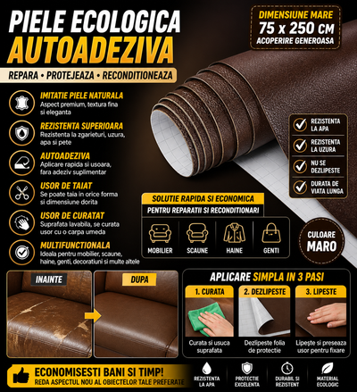 Piele Ecologica Autoadeziva Maro 75x250 cm, Imitatie Piele Naturala, Rezistenta la Apa si Uzura, Usor de Aplicat, pentru Canapea, Scaune, Haine si Reparatii