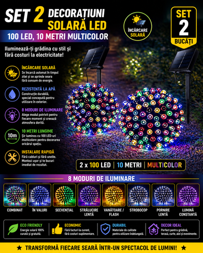 Set 2 x Decoratiune Solara LED 100 LED, 10 Metri Multicolor, 8 Moduri Iluminare, Rezistente la Apa, Incarcare Solara, pentru Gradina si Decor Exterior