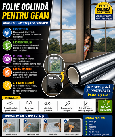 Set 2 x Folie Oglinda pentru Geam Gri, Efect Reflectorizant, Protectie UV, Anti Caldura si Intimitate, 45 x 300 cm