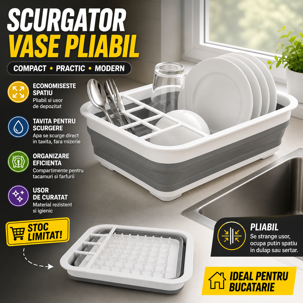 Scurgator Vase Pliabil cu Tavita de Scurgere, Organizator Bucatarie Compact, Suport Tacamuri si Farfurii, Design Economisire Spatiu