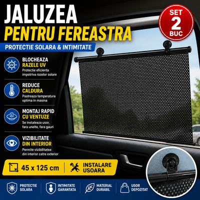 Set 2 x Jaluzea cu Ventuza 45 x 125 cm, Protectie UV, Anti Caldura si Intimitate, Montaj Rapid fara Gauri