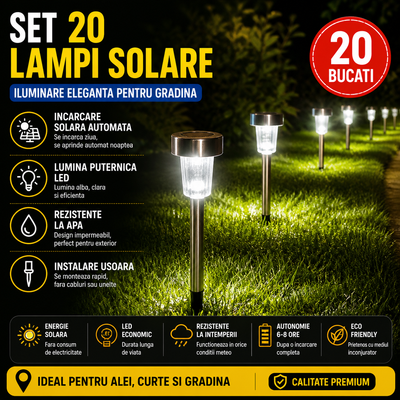 Set 20 x lampa solara LED gradina tip Tarus– iluminat Exterior Solar, Rezistenta la Apa, Lumina Automata, Decor Curte, Gazon, Terasa