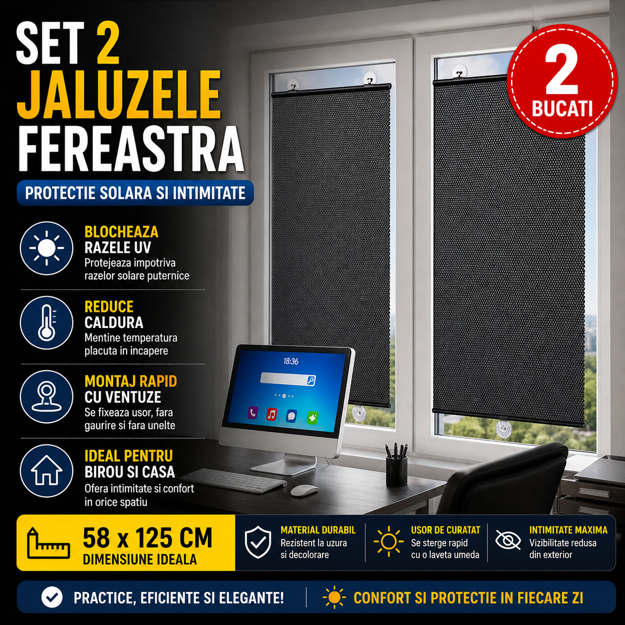 Set 2 x Jaluzea cu Ventuza 58 x 125 cm, Protectie UV, Anti Caldura si Intimitate, Montaj Rapid fara Gauri
