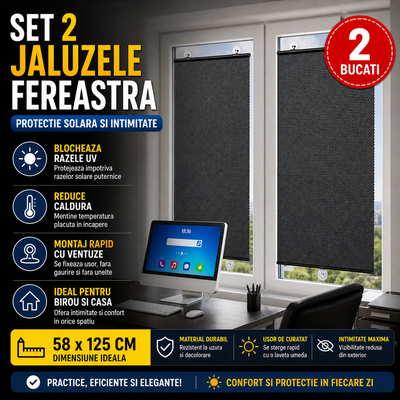 Set 2 x Jaluzea cu Ventuza 58 x 125 cm, Protectie UV, Anti Caldura si Intimitate, Montaj Rapid fara Gauri