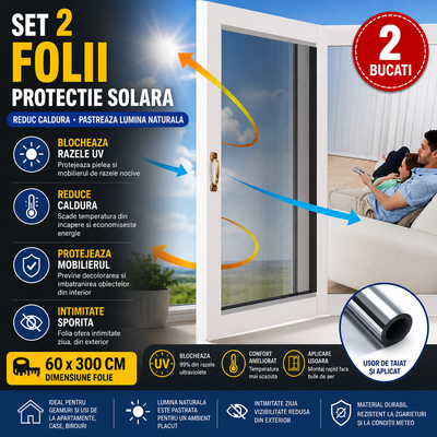 Set 2 x Folie Oglinda pentru Geam Gri, Efect Reflectorizant, Protectie UV, Anti Caldura si Intimitate, 60 x 300 cm