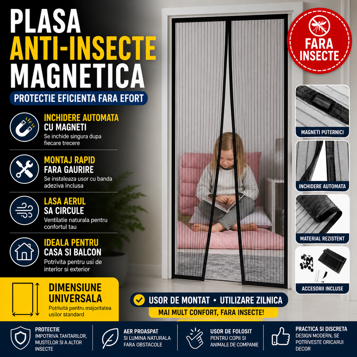 Plasa Anti-Insecte Magnetica pentru Usa, Inchidere Automata, Montaj Rapid, Protectie Impotriva Tantari si Insecte