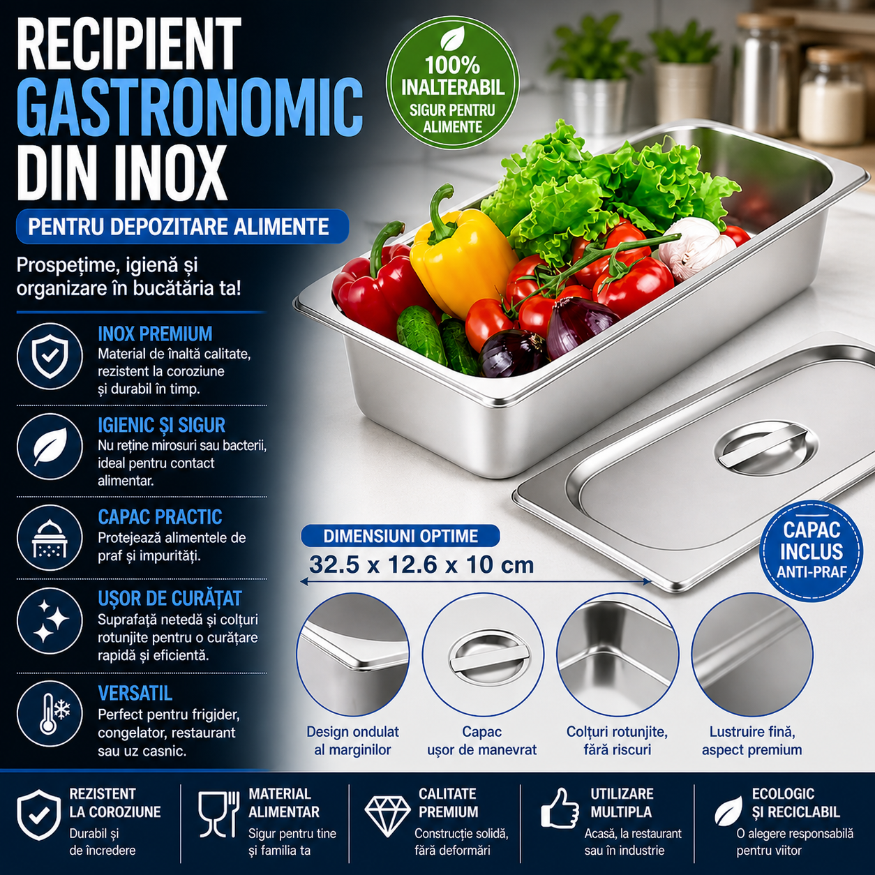 Recipient din Inox pentru Mentinerea Alimentelor Calde din Inox cu Capac, 32.5 x 12.6 x 10 cm