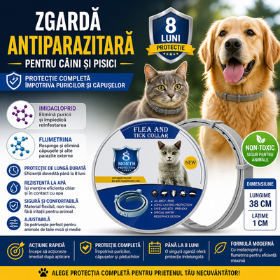 Zgarda Antiparazitara pentru Caini si Pisici, Protectie 8 Luni, Impotriva Puricilor si Capuselor, Reglabila 38 cm, Rezistenta la Apa