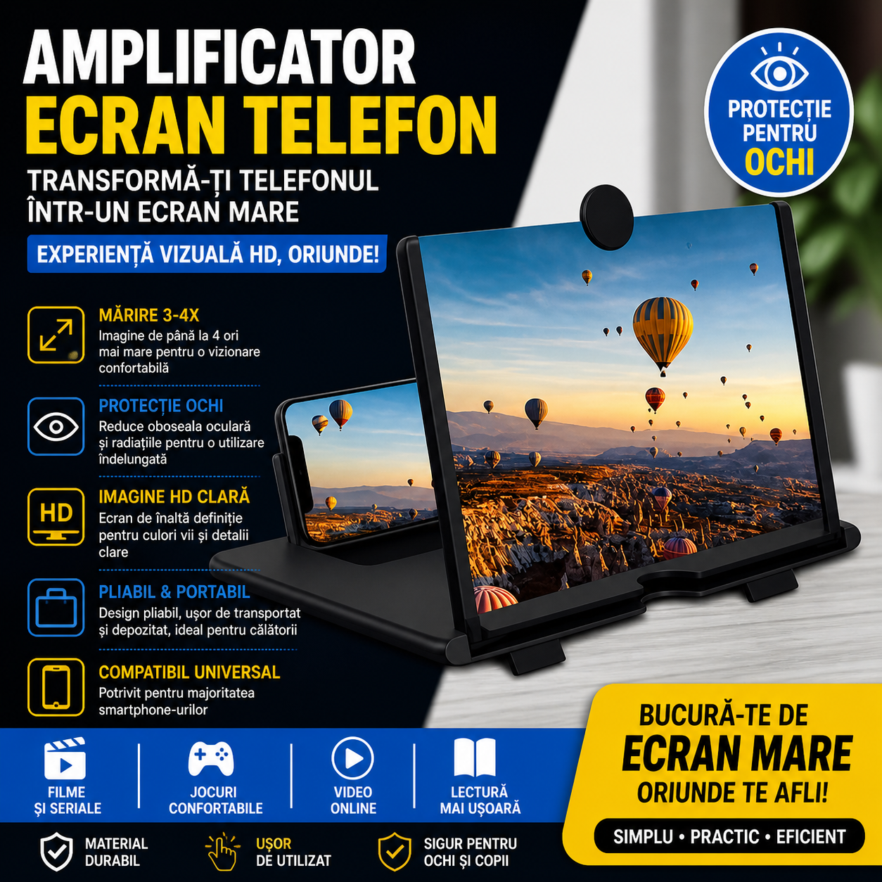Set 2 x Amplificator Ecran Telefon HD, Lupa pentru Smartphone, Marire 3D, Protectie Ochi, Ideal pentru Filme si Video